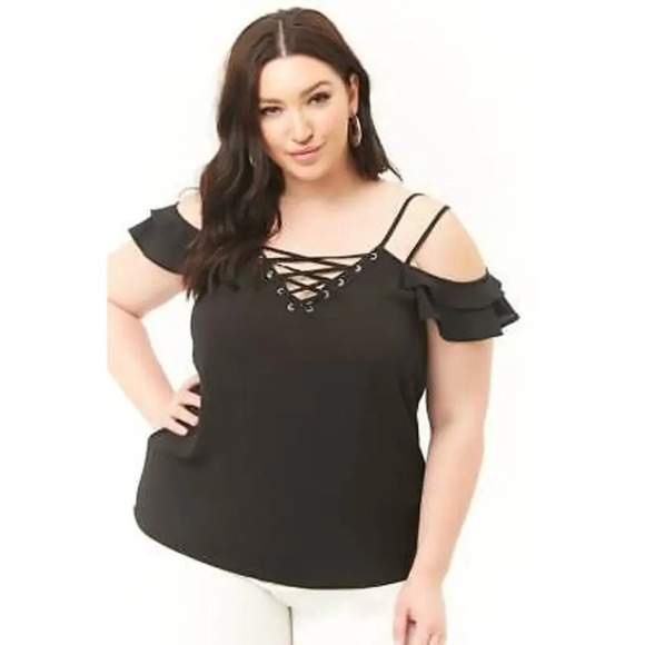 Express Women's Small Black Strappy Open-Shoulder Top Lace-Up Ruffle Blouse - Picture 1 of 5